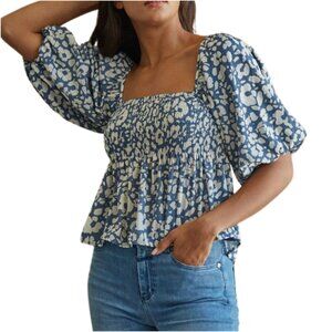 ByTogether Woven Straight Neck Puffy Sleeve Smocking Chest Animal Print Top Sz S